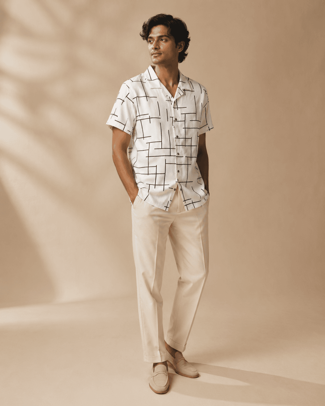 Beige Abstract Line Textured Shirt Model