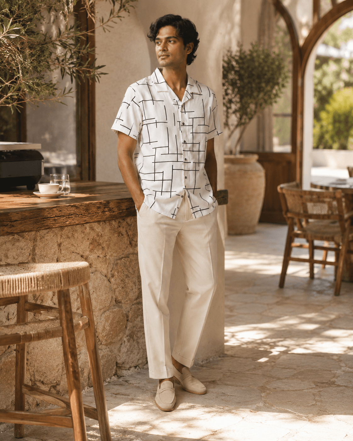 Beige Abstract Line Textured Shirt Lifestyle