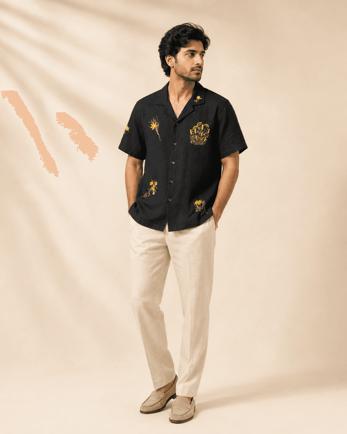 Cream Botanical Embroidered Shirt Model
