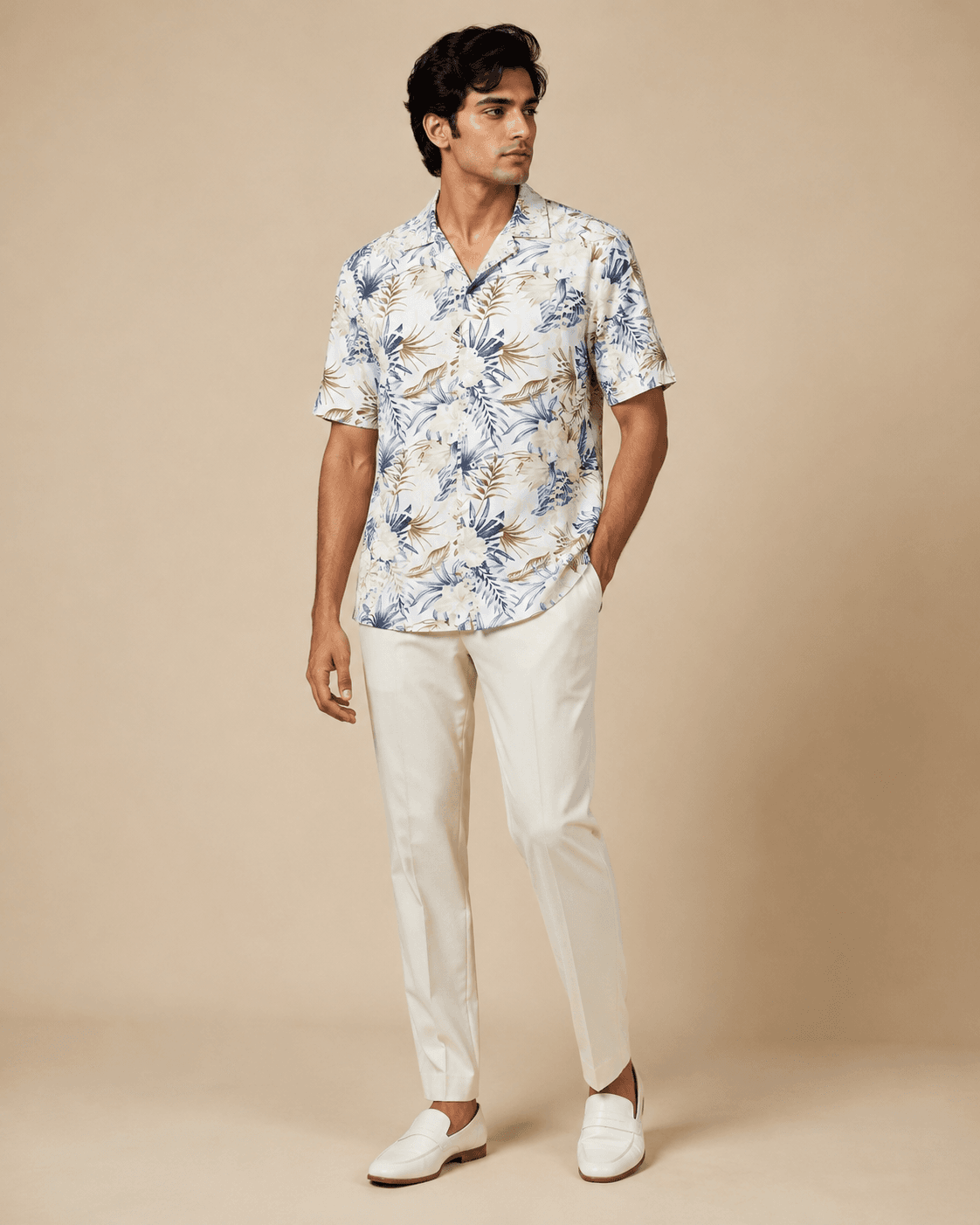 White Geometric Line Camp Collar Shirt Model