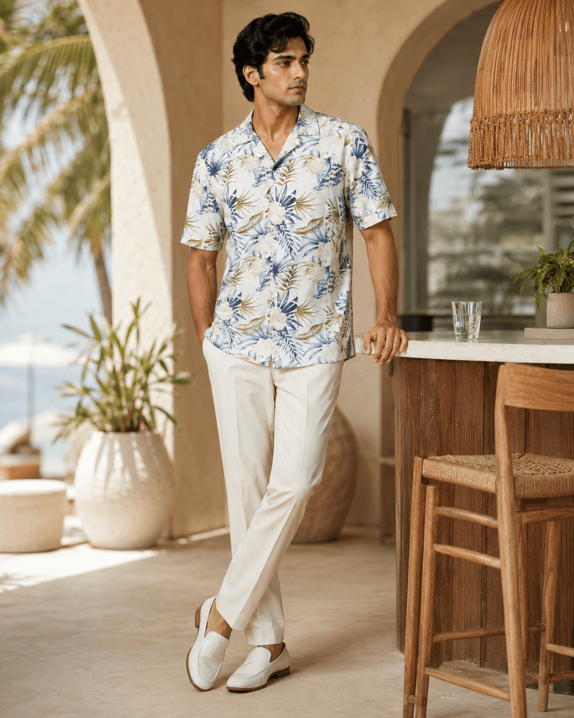 White Geometric Line Camp Collar Shirt Lifestyle
