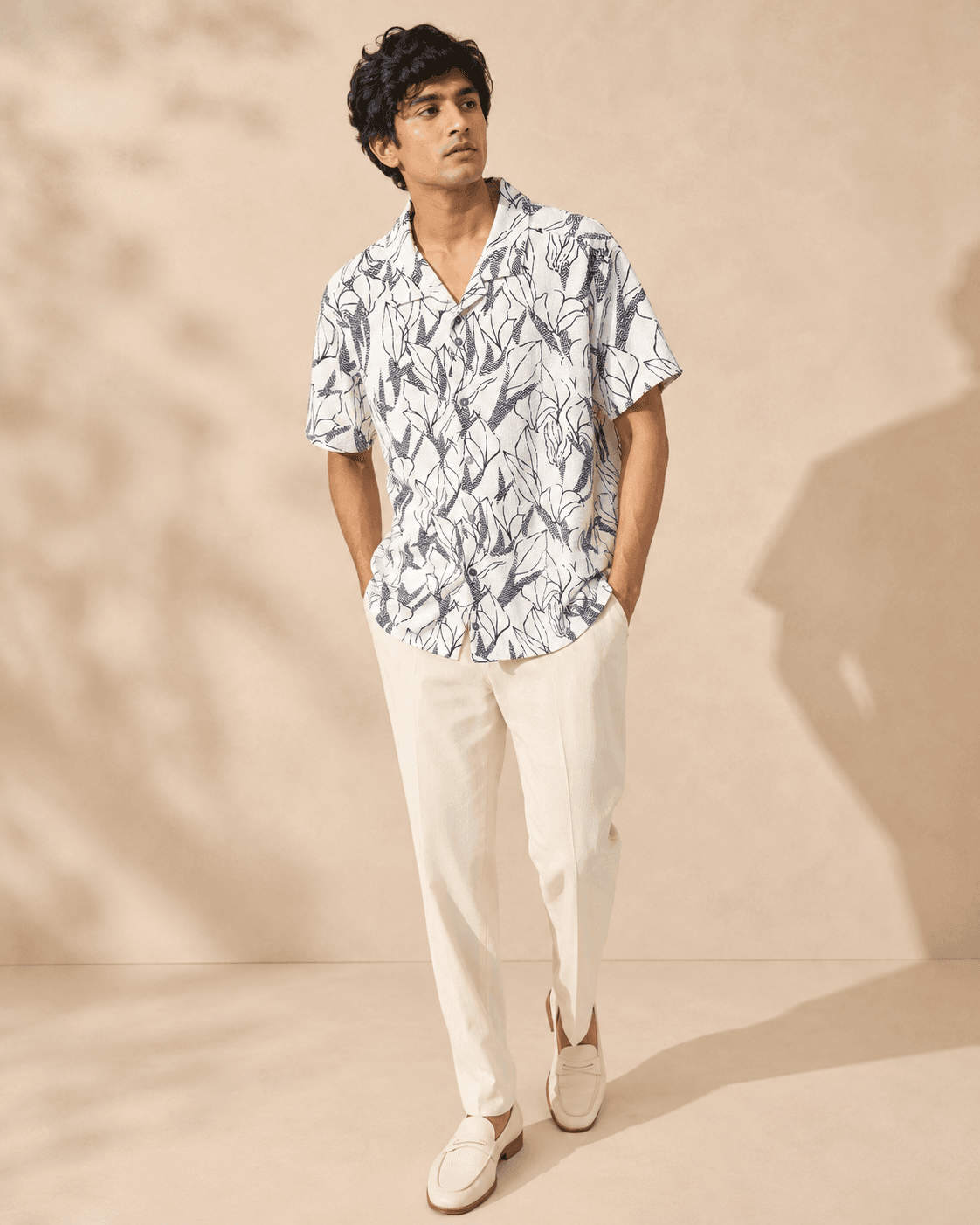 White Navy Botanical Sketch Shirt Model